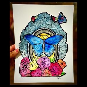 Butterfly floral watercolor print of painting 8.5x11in